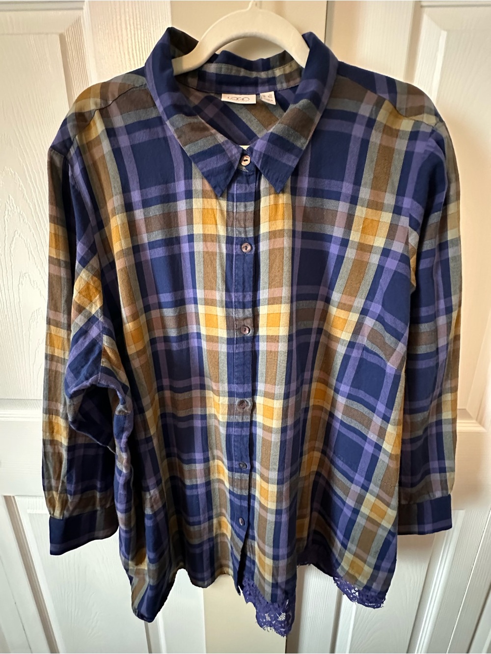 Women’s LOGO Lori Goldstein Blue Purpke & Yellow Plaid Button-Up Shirt Sz:3X GUC